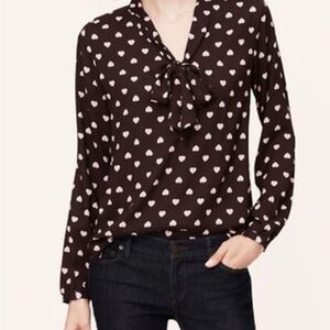LOFT Heart Print Tie Neck Bow Blouse Size XL